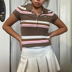 Brown pink and white polo with butterfly patch